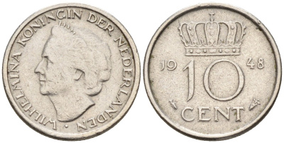 Нидерланды  10 центов 1948 королева Вильгельмина (1890 - 1948) KM 177 никель 4174-265