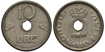 Норвегия 10 эре 1947 Хокон VII (1905-1957) KM 383 медно-никель 4549-956