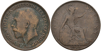 Великобритания 1 пенни 1918 Георг V (1910-1936) KM 810, Spink 4051 бронза 4144-446