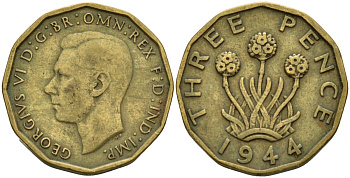 Великобритания 3 пенса 1944 Георг VI (1936-1952) KM 849, Spink 4112 никель латунь 4150-727