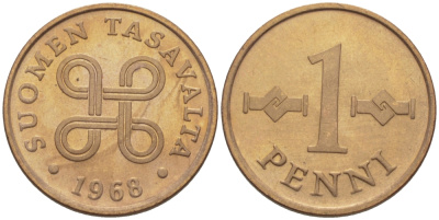 Финляндия 1 пенни 1968 KM 44 медь 100-153
