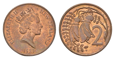 Новая Зеландия 2 цента 1987 Елизавета II (1952-2022), два цветка кохаи KM 59 бронза 4657-631