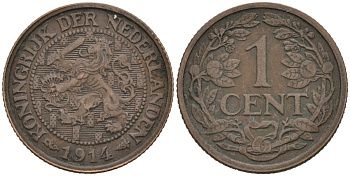 Нидерланды 1 цент 1914 Вильгельмина (1890-1948) KM 152 бронза 4576-714