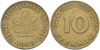 ФРГ 10 ПФЕННИГОВ 1949 J KM 103, J. 378 сталь плакированная латунью 4182-727