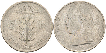 Бельгия 5 франков 1949 Леопольд III (1934-1950), Belgique KM 134.1 медно-никель 106-556