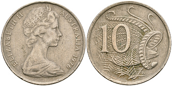 Австралия 10 центов 1976 Елизавета II (1952-), птица лирахвост KM 65 медно-никель 4364-2825