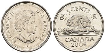 Канада 5 центов 2006 Елизавета II (1952-2022), бобер KM 491 сталь плакированная никелем 4609-447