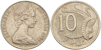 Австралия 10 центов 1984 Елизавета II (1952-), птица лирахвост KM 65 медно-никель 4382-1333