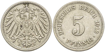 ГЕРМАНИЯ 5 ПФЕННИГОВ 1913 A KM 11, J. 12 медно-никель 105-165