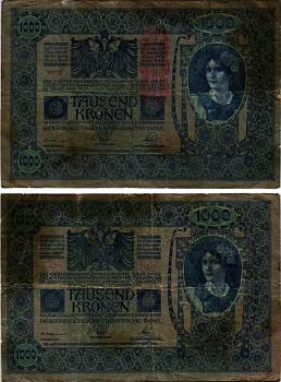 АВСТРИЯ 1000 КРОН 1919 КРАСНАЯ ВЕРТИКАЛЬНАЯ НАБПЕЧАТКА НА 1902 Pick 59 бумага 3295-127-1