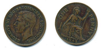 Великобритания 1 пенни 1945 Георг VI (1936-1952) KM 845, Spink 4114 бронза 4110-323