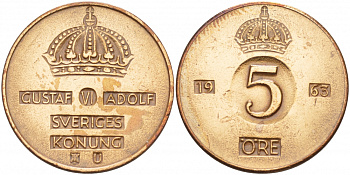 Швеция 5 эре 1963 U Густав VI Адольф (1950-1973) KM 822 бронза 4548-416