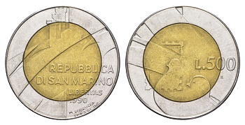 Сан-Марино 500 лир 1990 Шестнадцать веков истории KM 256 биметалл UNC 4648-343