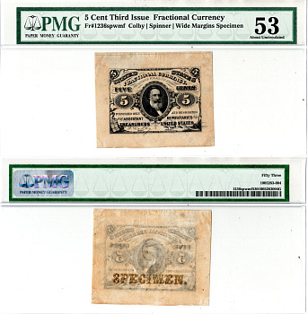 США, Fractional Currency 5 центов ND	Образец аверса - Specimen. Широкие поля. Третий выпуск. В холдере компании PMG. Сохранность - «53». Спенсер М. Кларк (руководитель бюро гравюры и полиграфии)	Friedberg № 1236-SP бумага 452-3-57