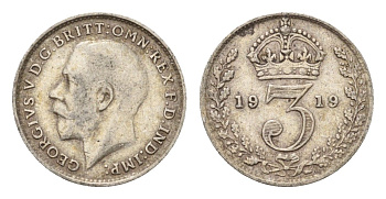 Великобритания 3 пенса 1919 Георг V (1910-1936) KM 813, Spink 4015 серебро 4644-238