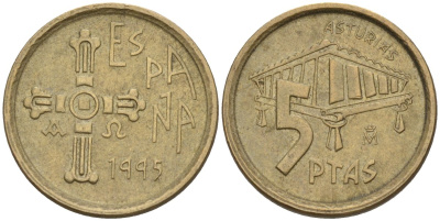 Испания 5 песет 1995 Хуан Карлос I (1975-2014), Астурия (ASTURIAS), крест KM 946 алюминиевая бронза 4154-536