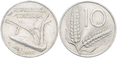 ИТАЛИЯ 10 ЛИР 1973 R, ПЛУГ, КОЛОСЬЯ KM 93 алюминий 175-423