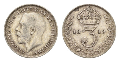 Великобритания 3 пенса 1919 Георг V (1910-1936) KM 813, Spink 4015 серебро 4644-238
