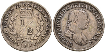 Эссекибо и Демерари 1/2 гульдена 1816 Георг III (1760-1820) KM 12 серебро 633-434