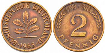 ФРГ 2 ПФЕННИГА 1965 J KM 106, J.381 бронза 4396-1557
