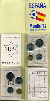 Испания официальный набор из 4 монет (1, 5, 25 и 50 песет) 1982 чемпионат мира по футболу в Испании 1982 года KM MS11и (816, 817, 818 и 819) UNC 4-3-2-43