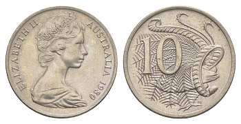 Австралия 10 центов 1980 Елизавета II (1952-2022), птица лирахвост KM 65 медно-никель aUNC 4364-1444