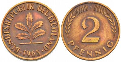 ФРГ 2 ПФЕННИГА 1965 J KM 106, J.381 бронза 4396-1557