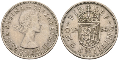 Великобритания 1 шиллинг 1954 Елизавета II (1952-2022), Шотландский герб KM 905, Spink 4148 медно-никель    4595-923