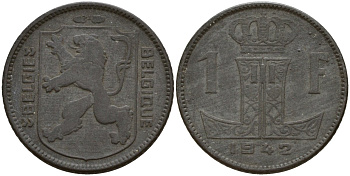 Бельгия 1 франк 1942 Belgique - Belgie, Леопольд III (1934-1947), германская оккупация, Вторая мировая война KM 127 цинк 4161-456