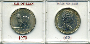Остров Мэн 1 крона 1970 кошка Мэна, в оригинальной пластиковой коробке KM 18 медно-никель UNC 6-6-1-29