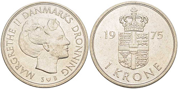 Дания 1 крона 1975 S; B, Маргрете II (1972-) KM 862.1 медно-никель 202-826