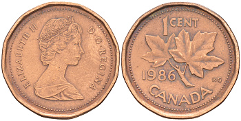 Канада 1 цент 1986 Елизавета II (1952-2022), кленовый лист KM 132 бронза 188-765