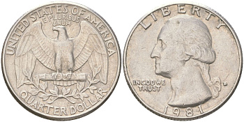 США 25 центов = квотер = 1/4 доллара 1981 D, Вашингтон KM 164a медь плакированная медно-никелем 4159-541