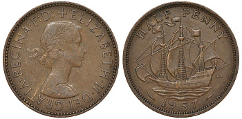 Великобритания 1/2 пенни 1957 Елизавета II (1952-2022) KM 896, Spink 4158 бронза 4122-244