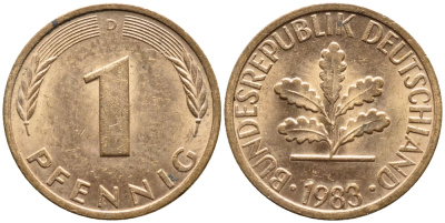 ФРГ 1 ПФЕННИГ 1983 D КМ 105 J.380 сталь плакированная медью 4392-1026