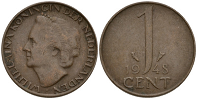 Нидерланды 1 цент 1948 Вильгельмина (1890-1948), год тип KM 175 бронза  4598-138