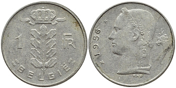 БЕЛЬГИЯ 1 ФРАНК 1956 BELGIE KM 143.1 медно-никель 4395-444