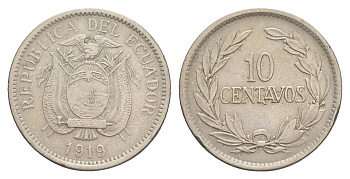 Эквадор 10 сентаво 1919 KM 64 медно-никель 4641-551
