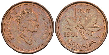 Канада 1 цент 1991 Елизавета II (1952-2022), кленовый лист KM 181 бронза 4609-236
