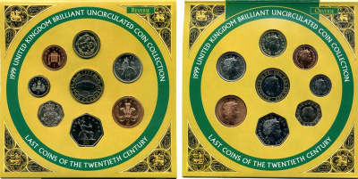 Великобритания годовой набор из 8 монет 1999 чемпионат мира по регби, оригинальный набор в картонном буклете BUNC 5-4-4-22