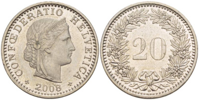 ШВЕЙЦАРИЯ 20 РАППЕНОВ 2008 В KM 29а медно-никель 4544-735