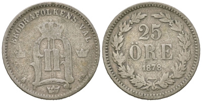 Швеция 25 эре 1878 EB, Оскар II (1872-1907) KM 738 серебро 44-114