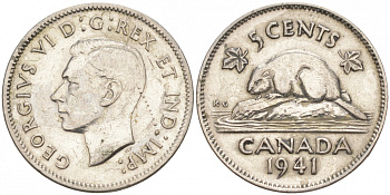 Канада 5 центов 1941 бобр, Георг VI (1937-1952) KM 33 никель 73-1215
