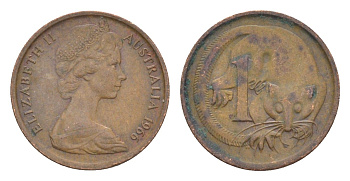 Австралия 1 цент 1966 Елизавета II (1952-2022), молодой портрет, опоссум KM 62 бронза 4585-113