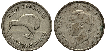 Новая Зеландия 1 флорин 1940 Георг VI (1936-1952), птичка киви KM 10.1 серебро 272-1511