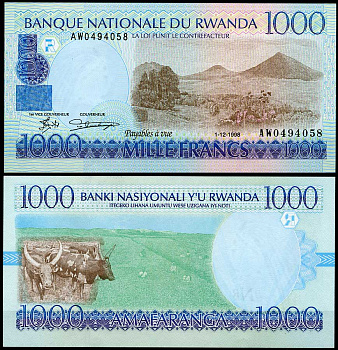 Руанда 1000 франков 1998 1 декабря 1998, вулкан, чайные плантации, коровы Pick 27 бумага UNC (пресс) 448-112-3