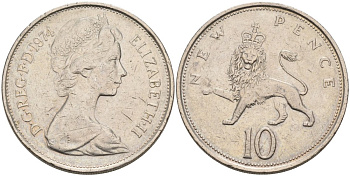 Великобритания 10 пенсов 1974 Елизавета II (1952-2022) KM 912, Spink 4231 (F1) медно-никель 4565-1245