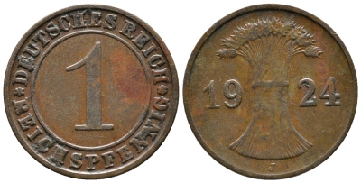 ГЕРМАНИЯ 1 РЕЙХСПФЕННИГ 1924 J KM 37, J. 313 бронза 39-852