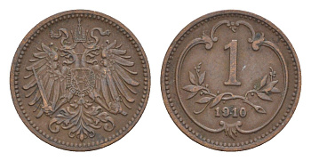 Австрия 1 геллер 1910 Франц Иосиф I (1848-1916) KM 2800 бронза 4639-958