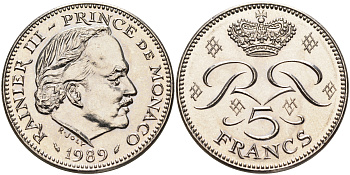 Монако 5 франков 1989 Ренье III (1949-2005) KM 150  медно-никель плакированный никелем    4140-1125